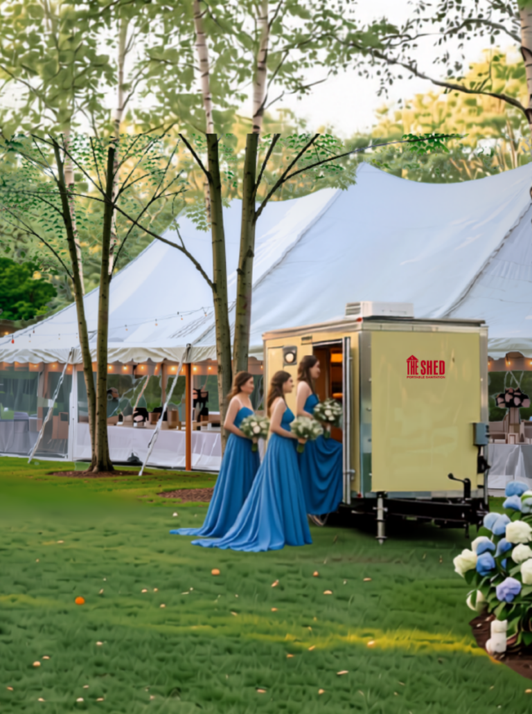 Bridesmaids at the Shed Luxury Restroom Trailer for Weddings